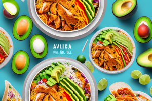 A colorful mexican-style chicken taco rice bowl with bell peppers and avocado