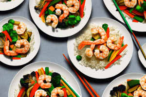 A colorful stir-fry dish with shrimp and vegetables served over a bed of steaming white rice