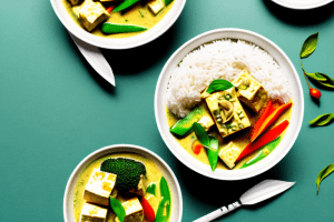 A bowl of thai green curry tofu with jasmine rice and mixed vegetables