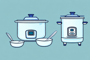 A rice cooker with a bowl of wild rice and a measuring cup of water beside it