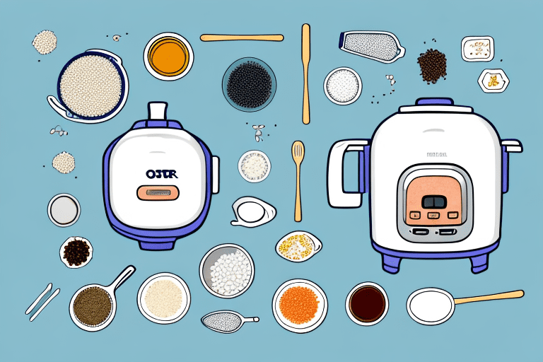 An oster rice cooker with ingredients and utensils for cooking rice