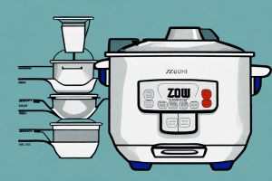 A zojirushi rice cooker with a measuring cup beside it