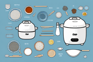 An oster rice cooker with ingredients and utensils to show the process of making rice