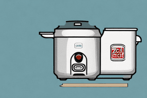 A zojirushi rice cooker with a bowl of cooked rice beside it