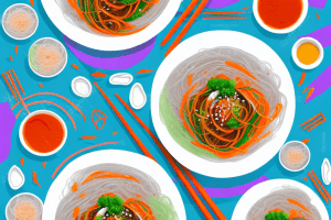 A bowl of colorful korean japchae stir-fry with rice vermicelli and cellophane noodles