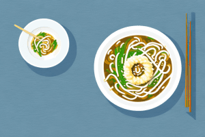 A bowl of tempura udon soup with a side-by-side comparison of rice vermicelli and udon noodles
