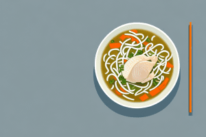 A bowl of chicken noodle soup with two different types of noodles