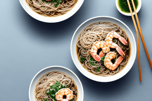 A bowl of soba noodle soup with tempura shrimp