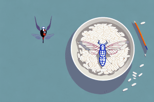 A bowl of basmati rice with a bull-shaped winged insect hovering above it