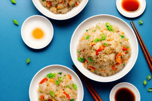 A bowl of steaming cantonese-style fried rice with vegetables and other ingredients