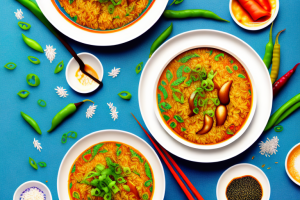 A bowl of steaming hot rice curry with colorful vegetables