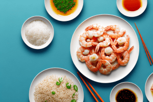 A plate of shrimp and rice