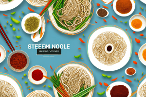 A bowl of steaming noodles with colorful vegetables and spices