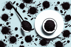 A bowl of steaming black rice with a spoon and a sprinkle of herbs