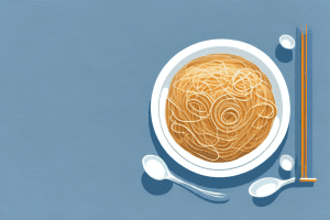 A bowl of cooked vermicelli noodles with a spoon and a few ingredients beside it