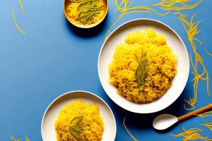 A bowl of steaming yellow rice with saffron threads