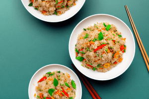A bowl of thai-style fried rice with vegetables and herbs