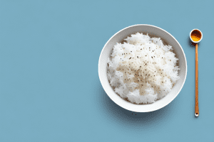 A bowl of cooked white rice with a spoon and measuring cup nearby