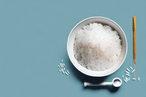 A bowl of uncooked rice with a measuring cup alongside