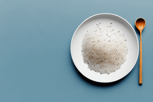 A bowl of cooked rice with a spoon and a plate beside it