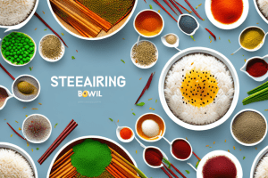 A bowl of steaming rice with a variety of colorful vegetables and spices sprinkled on top
