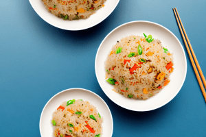 A bowl of steaming vegetarian cantonese-style fried rice