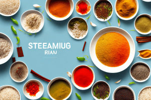 A bowl of steaming rice with a colorful array of spices and vegetables