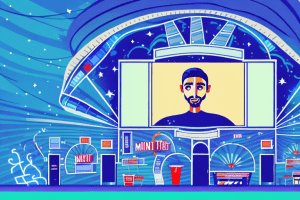 A movie theater with a bright marquee featuring a selection of films and tv series starring riz ahmed