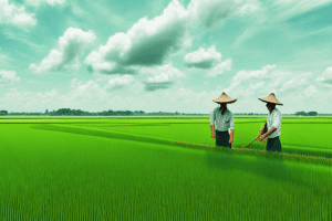 A paddy field with a farmer tending to the rice plants