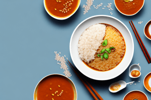 A bowl of steaming hot rice with a golden-brown curry sauce