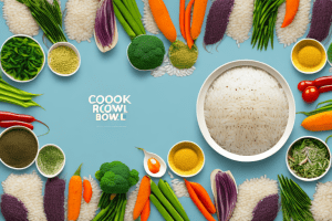 A bowl of cooked rice with a variety of colorful vegetables and herbs scattered around it