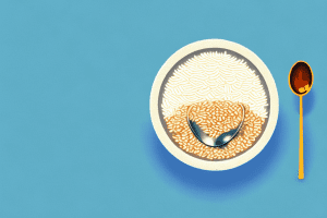 A bowl of riz soufflé with a spoon and a few grains of rice scattered around it