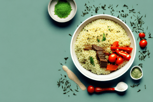 A bowl of couscous with beef and vegetables
