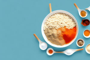 A bowl of bell couscous with ingredients and spices scattered around it