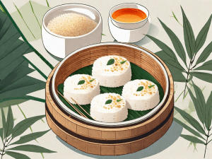 A steamed rice cake garnished with sweet syrup and sesame seeds