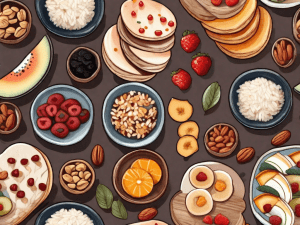 A variety of rice cakes garnished with different toppings like fruits