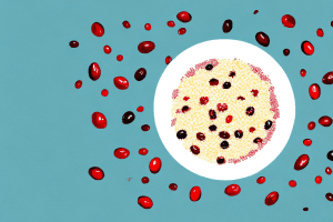 A bowl of couscous with apples and cranberries scattered around it