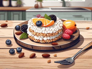 A puffed rice cake adorned with various fruits and nuts on a rustic wooden table