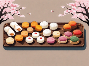 Various types of colorful korean rice cakes arranged neatly on a traditional wooden tray