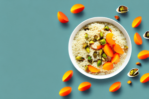 A bowl of couscous with apricots and pistachios scattered on top