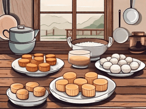 Various types of rice paper cakes beautifully arranged on a rustic wooden table