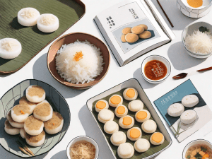 A variety of korean rice cakes (tteok) with a manhwa (korean comic) book in the background