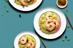A plate of colorful couscous with shrimp and zucchini