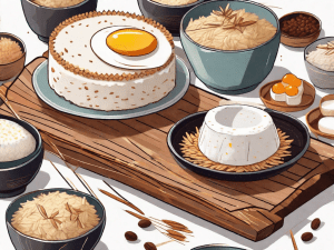 Various types of scrumptious cake rice dishes beautifully presented on a rustic wooden table