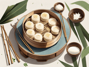 Several types of steam rice cakes beautifully presented on a traditional bamboo steamer