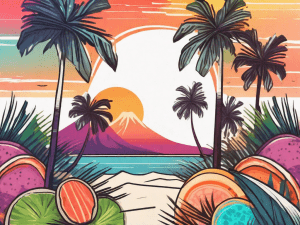 A tropical hawaiian landscape with a foreground of vibrant