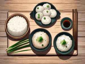 Steamed rice cakes garnished with sesame seeds and green onions on a bamboo steamer