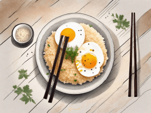 A steaming plate of egg rice cake garnished with herbs