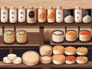 A variety of beautifully packaged rice cakes displayed on a wooden shelf