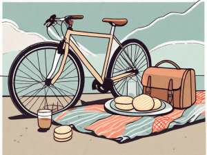 A bicycle propped up against a scenic backdrop